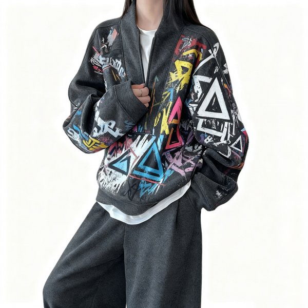 Women's Street Style Graffiti Geometric Print Half-Zip Pullover